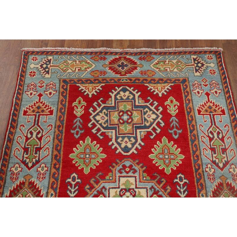 Geometric Red Kazak Accent Rug Hand-Knotted Wool Carpet - 3'2" x 4'11"