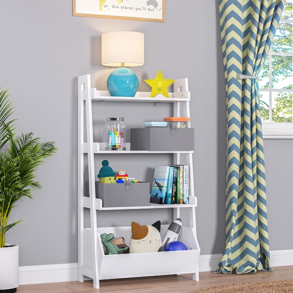 RiverRidge Kids 4-Tier 24in Ladder Shelf Toy Organizer with 3 Open Display Shelves- White with Two 5" Fabric Bins
