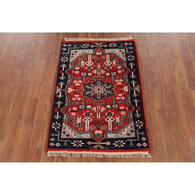 Orange Geometric Kazak Indian Accent Rug Hand-Knotted Wool Carpet - 2'0"x 3'0"