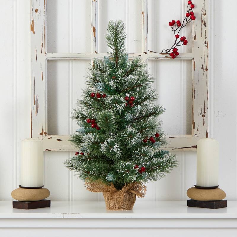 2ft. Snow Tipped Pine & Berry Artificial Christmas Tree with 35 Warm White LED Lights in Burlap Base - Rustic X-Mas Accent