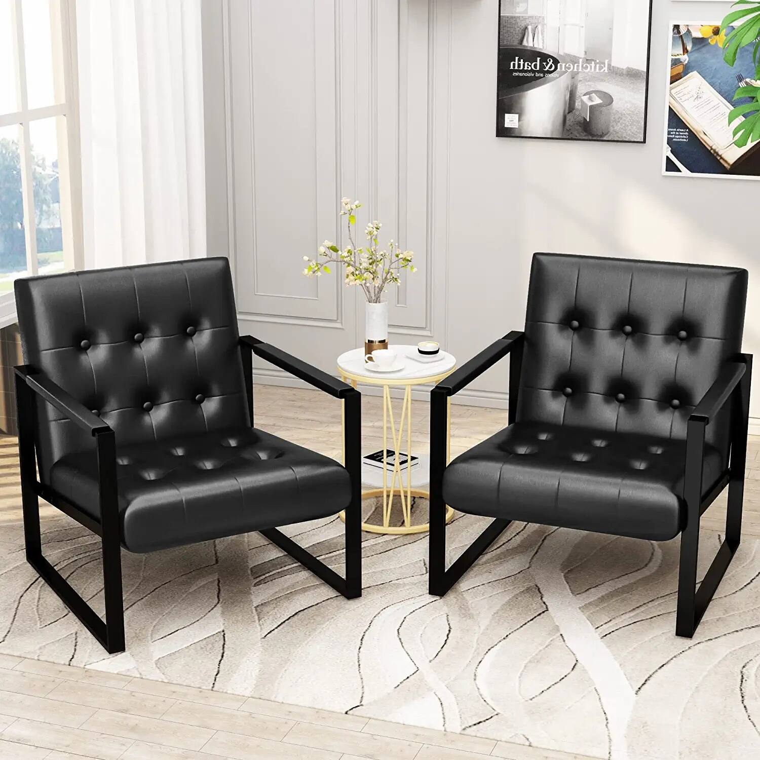 Grondin Faux Leather Upholstered Accent Armchair Set of 2, Single Sofa