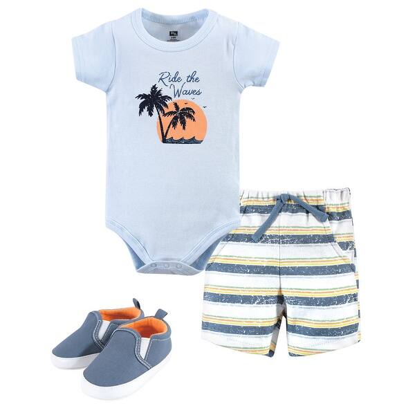 slide 1 of 1, Hudson Baby Infant Boy Cotton Bodysuit, Shorts and Shoe 3pc Set, Ride Waves 0-3 Months - Ride Waves