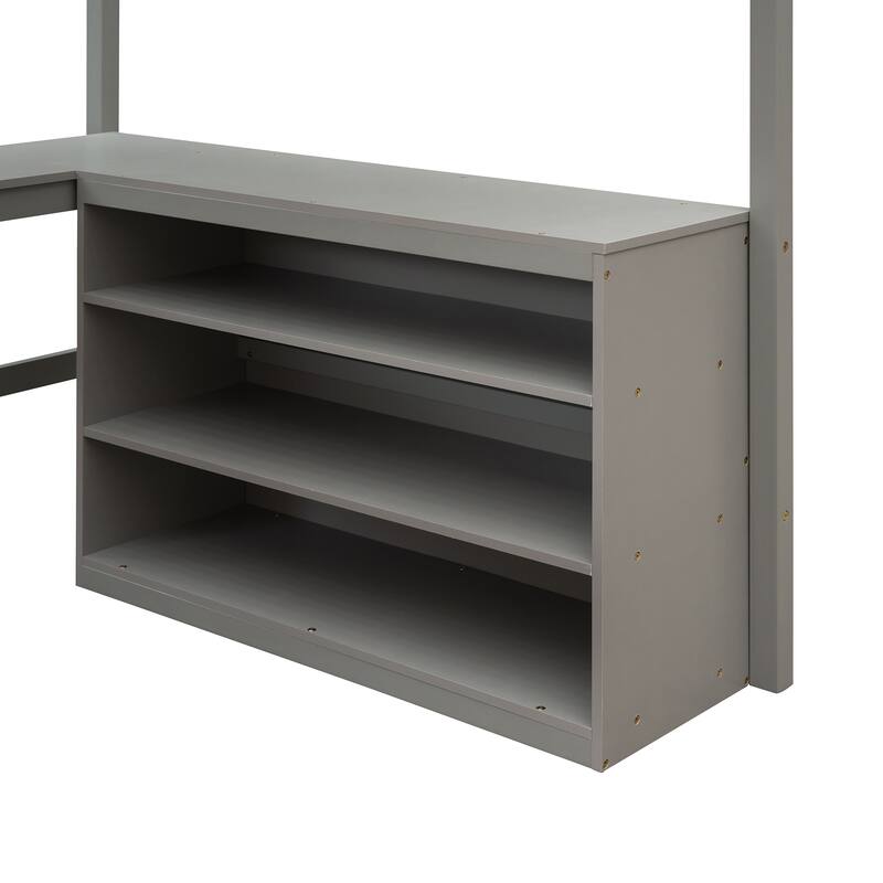 Space-Saving Full Size Loft Bed with Shelves and Desk in Gray