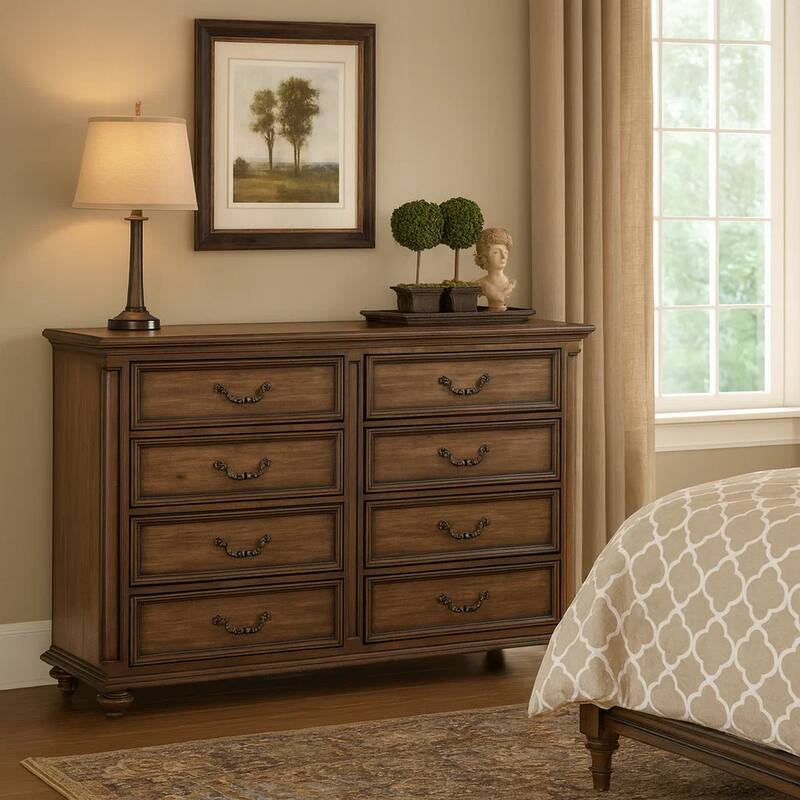 Danya 64 Inch Dresser, Metal Drop Handles, Turned Legs, Dark Brown Finish