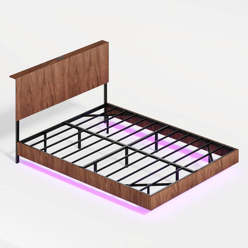 Walnut Queen Floating Bedstead, With Charging Station And Led Lights, Wavy Headboard, With Heavy Metal Flat Noodles