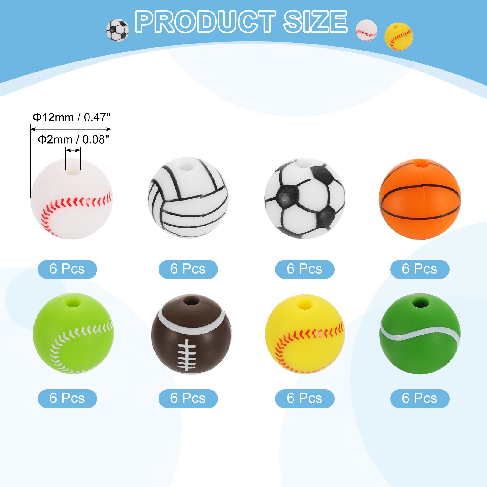 Sports Ball Beads, Silicone Round Spacer Focal Bead,, - 8 Styles