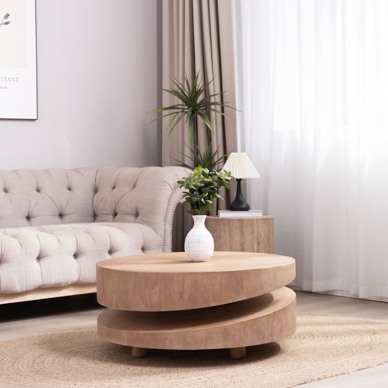 Minimalist Sculptural Round Coffee Table Natural Wooden Accent Table with Unique Asymmetrical 2-Tier Silhouette for Living Room - Natural