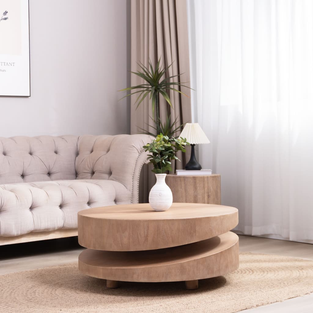 Minimalist Sculptural Round Coffee Table Natural Wooden Accent Table with Unique Asymmetrical 2-Tier Silhouette for Living Room