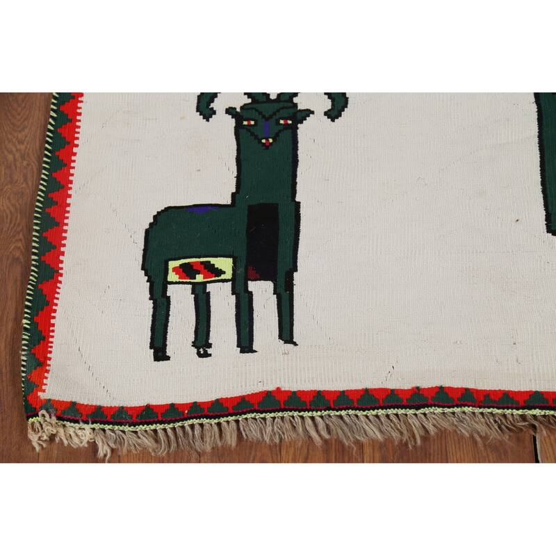 Animals Tribal Kilim Persian Vintage Foyer Rug Hand-Woven Wool Carpet - 2'10"x 4'3"