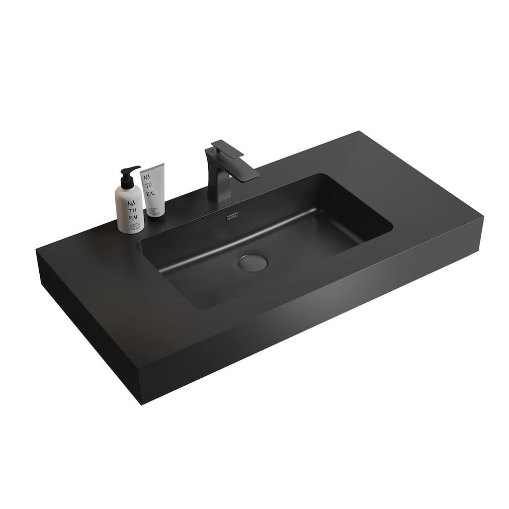 Sleek Matte Black Quartz Bathroom Basin with Integrated Sink and Overflow, Durable and Stylish Design - 35.8in L