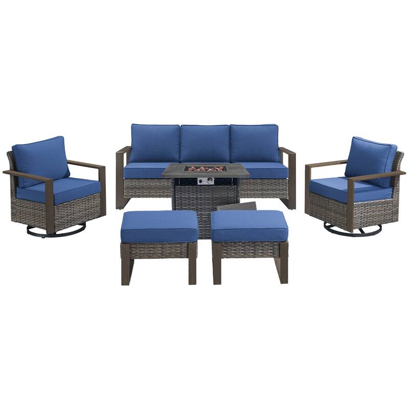 Pocassy Outdoor Fire Pit with 3-Seat Sofa Swivel Chairs Patio Furniture Set