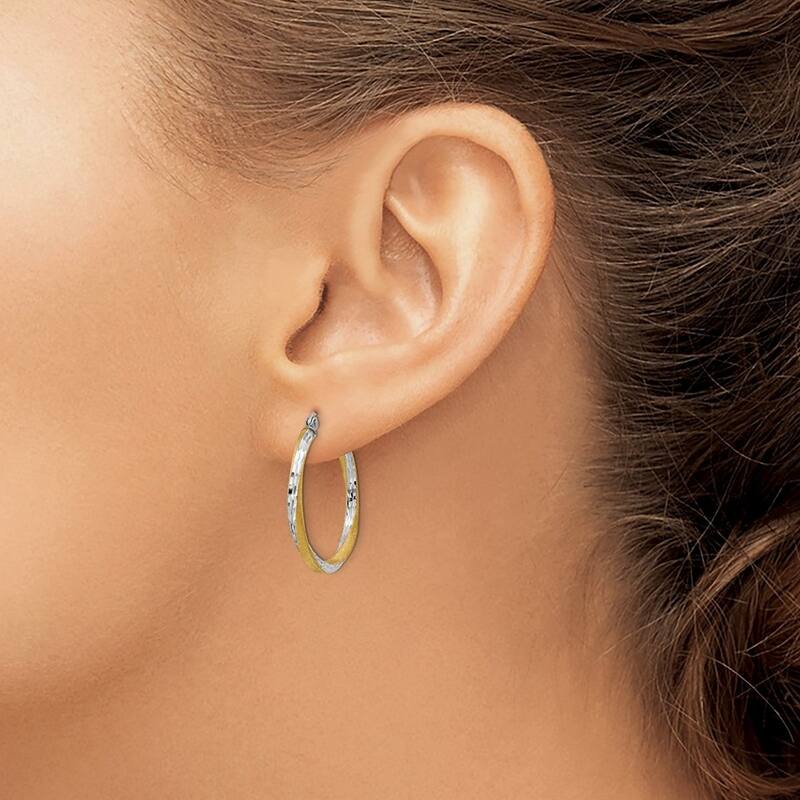 Curata 14k Yellow Gold White Rhodium Satin 2.5x25mm Twisted Hoop Earrings