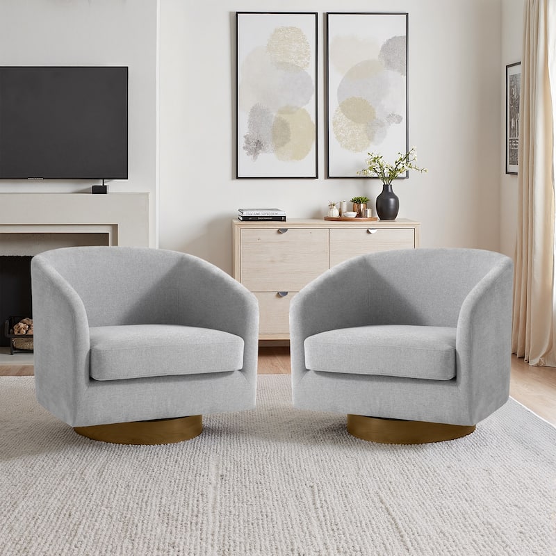 Faux Leather Wide Seat Swivel Barrel Chair - 2 Set/Brown Base - Light Gray/Chenille