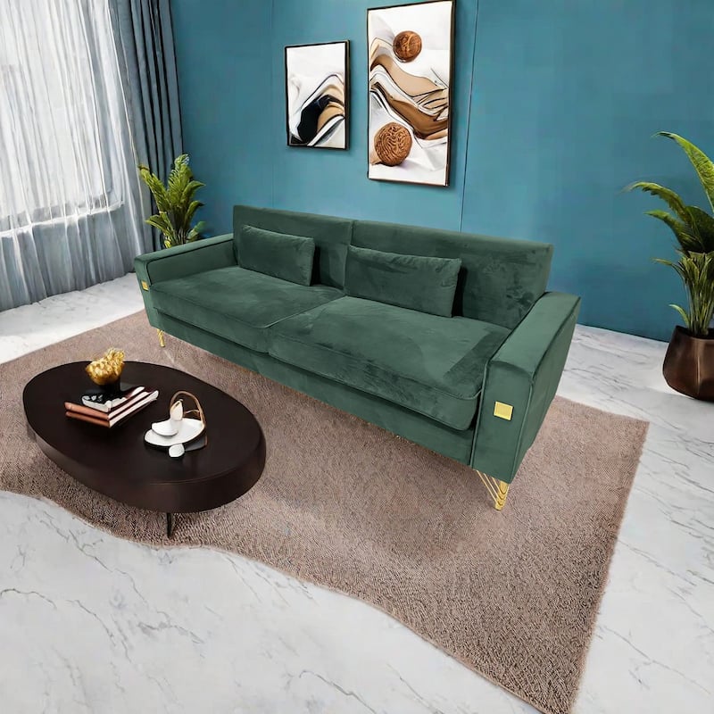 Modern 85.63" Velvet 3-seater Sofa with Gold Accents and Plush Cushions for Living Room
