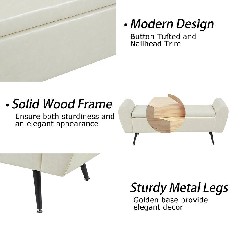 Upholstered 55"W Flip Top Storage Bench Bedroom Bench Modern End of Bed Bench for Entryway Hallway Window with Gold Legs