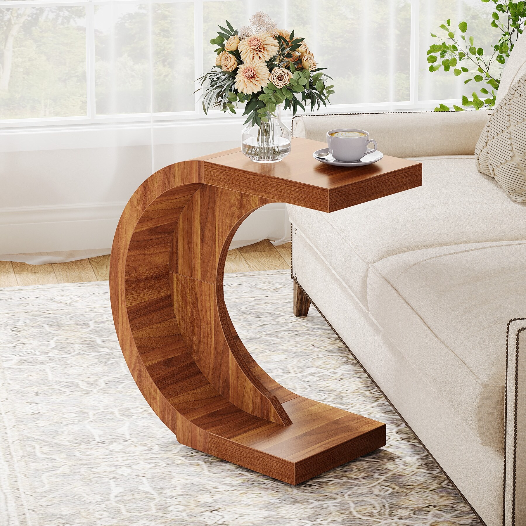 C-Shaped End Table, Wood Side Table for Couch Sofa Living Room