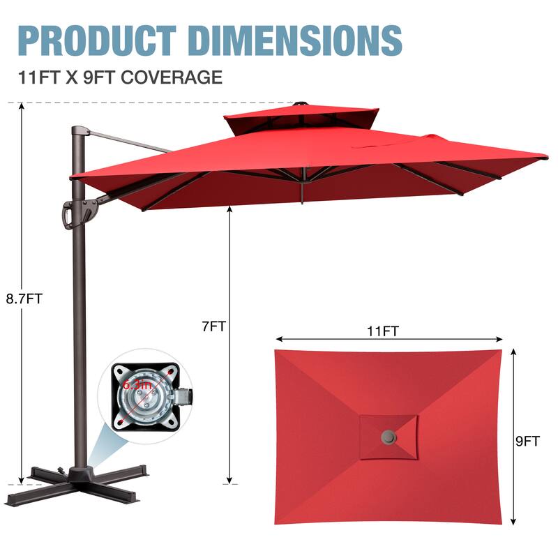 VredHom 9X11FT Outdoor Dual Wind Vent Offset Cantilever Patio Umbrella