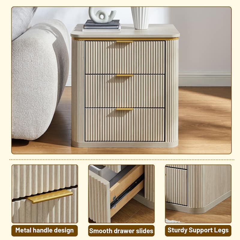 24" Mid Century Modern Fluted 3 Drawers Nightstand, Large End Table