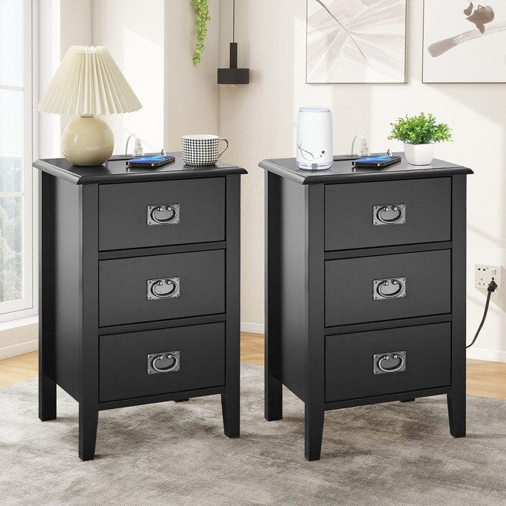 VECELO Mid Century Modern Nightstand with Charging Station and USB Port, Set of 2 Nightstands - Black - 3-drawer