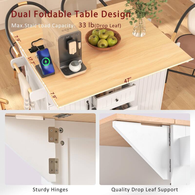 55.7" Kitchen Island with Drop Leaves, Rolling Cart with Power Outlet, Spice Rack, and 3 Drawers
