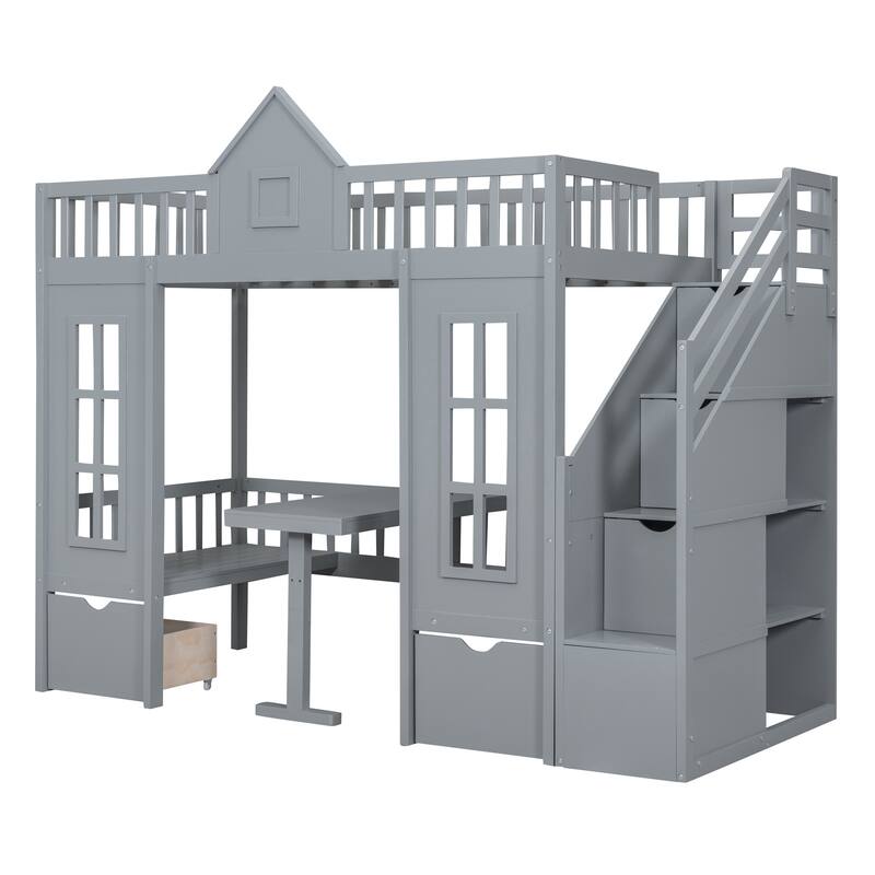 Twin-Over-Twin Bunk Bed with Changeable Table, Bunk Bed Turn into Upper Bed and Down Desk