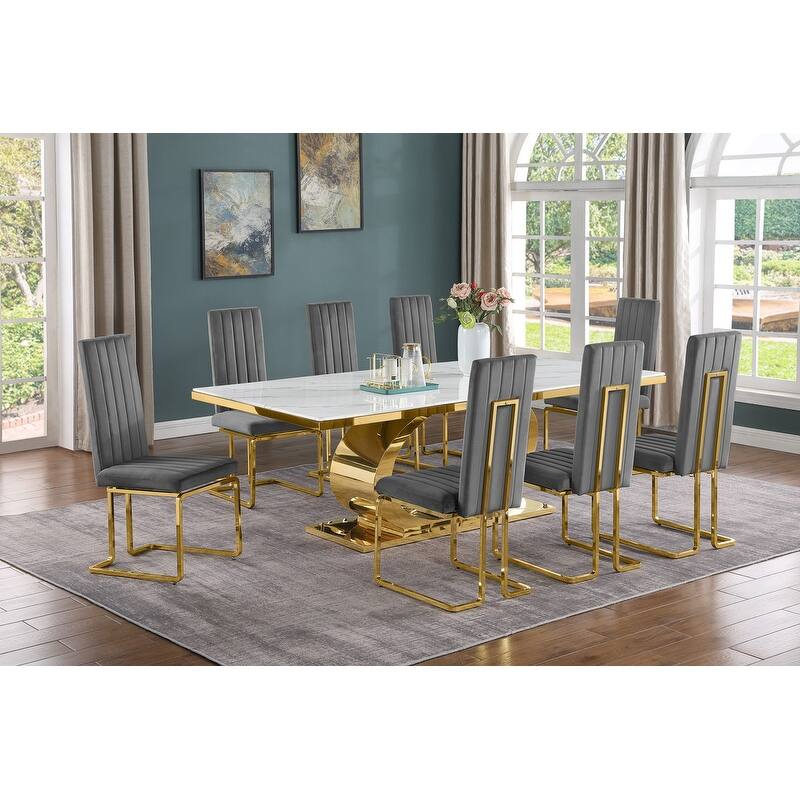 Best Quality Furniture D432/3-SC340-7 Dining Set with 87" White Marble Top - Dark Grey / Gold - 9-Piece