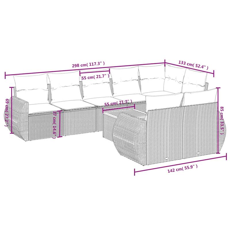 vidaXL Patio Sofa Set with Cushions Outdoor Furniture 9 Piece Poly Rattan - 24.4x 24.4x 27.2