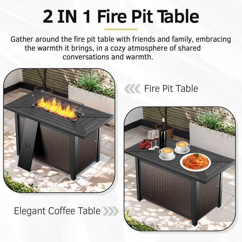 Fire Pit Table with Sectional Sofa Swivel Chairs Ottomans -Grey - Brown