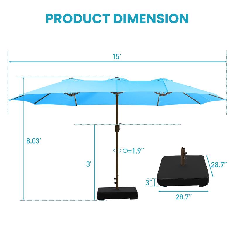Aoodor 15ft Outdoor Double Sided Market Patio Umbrella with Base Stand