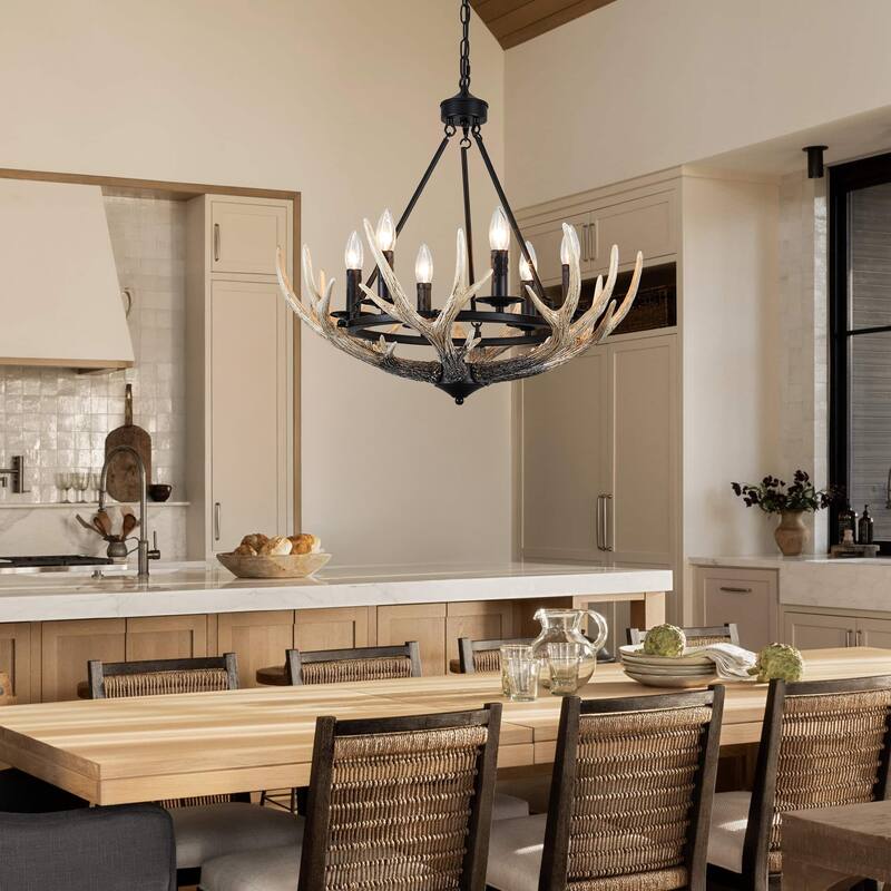 Adjustable Height 6 Lights Farmhouse Metal Frame Wagon Wheel Chandelier with Decorative Faux Antlers