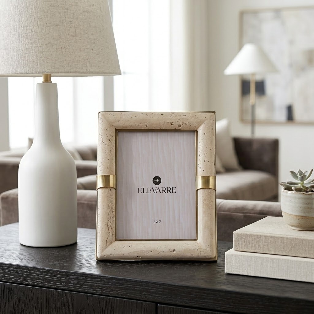 Decorative Travertine Photo Frame with Metal Accent