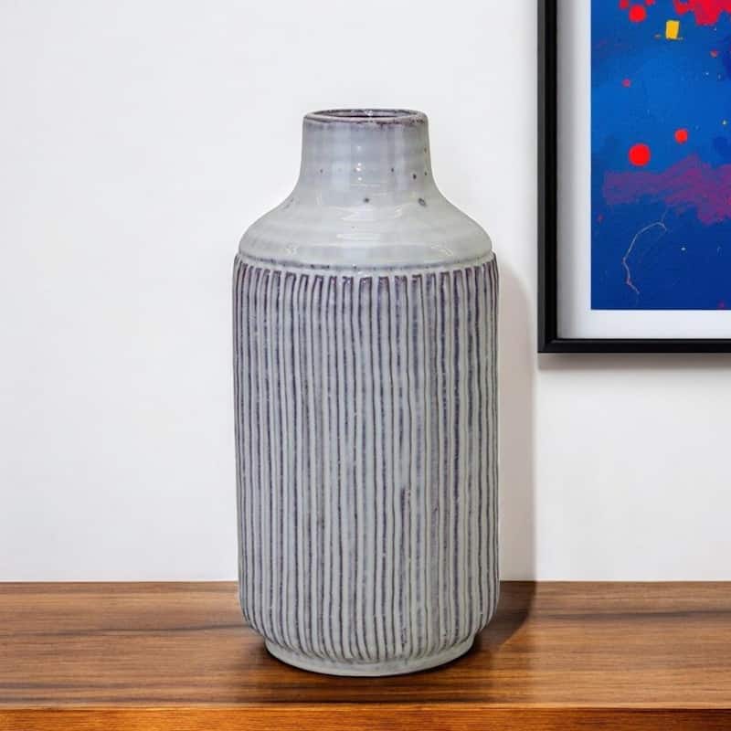 Terracotta Ribbed Striped Cylinder Table Vase for Living Room Decor