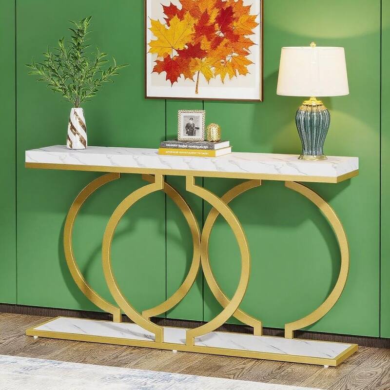 55.1" Industrial Rustic Console Table MDF Top with Black Geometric Metal Frame - 55.11" x 11.81" x 27.55" - White