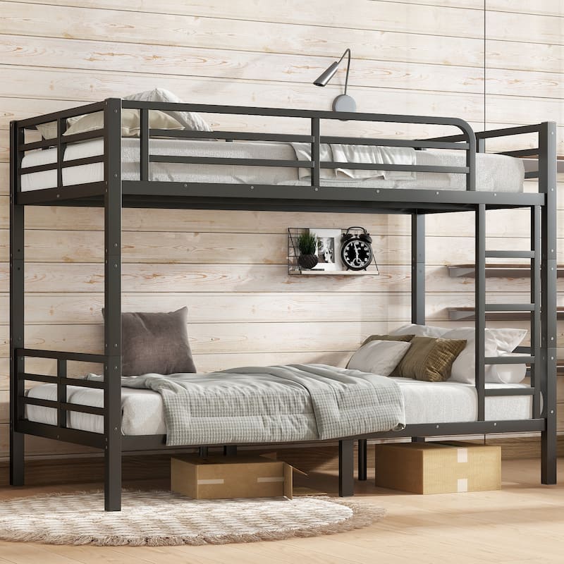 Twin XL Over Twin XL Bunk Bed with Curved Corner Guardrails, Noise Free Metal Bed Frame with Ladder and Underbed Storage