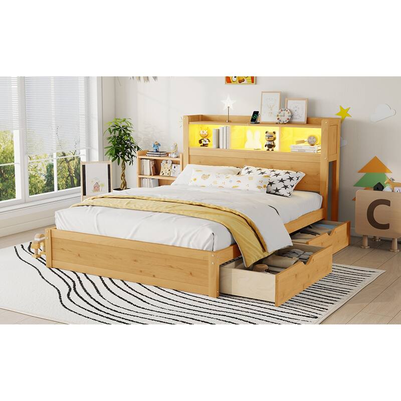 Roomfitters Twin/Full Platform Bed, LED Bookcase Headboard and Pull Out Storage Drawers with Wooden Frame for Bedrooms
