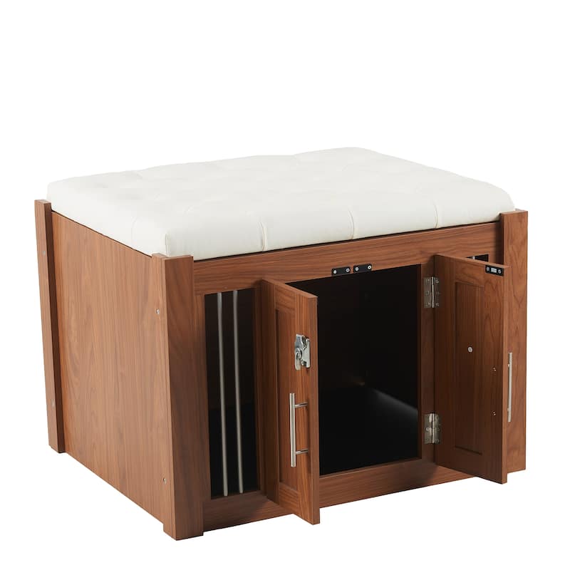 ‌30.25"L 2-in-1 Walnut Dog Crate with Padded Seat & Barn Door, Doubles as Ottoman with Removable Cushion.