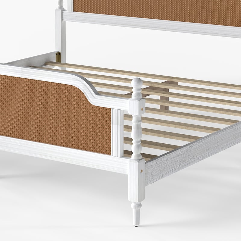 Wooden Platform Bed Bed Frame w/Hand-Woven Rattan Headboard & Footboard, Boho and Mid Century Style Bed Frame, Solid Pine Wood