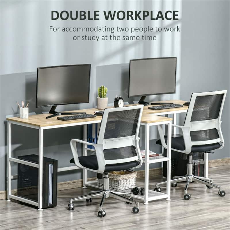 Double Workstation Desk with Storage Shelves Two Person Computer Table with Steel Frame for Home Office Study Room