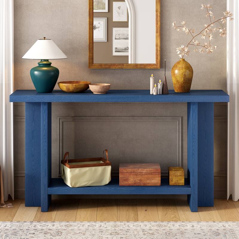 Modern Minimalist Entryway Table Ash Veneer Entryway Table, Sofa Table with T-Shaped and Display Shelf, for Hallway, Navy Blue