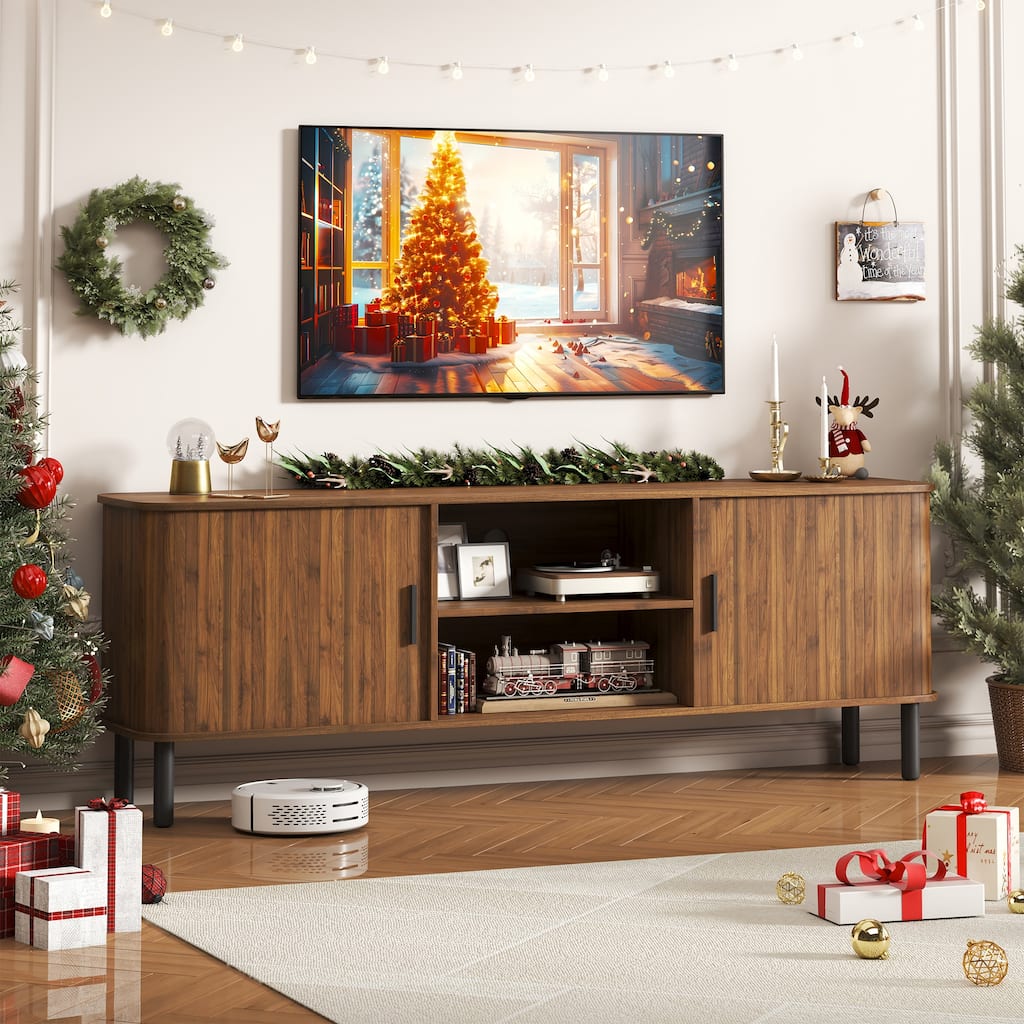 EROMMY 70" Modern TV Stand for 80 Inch TVs, Media Console with Sliding Doors and Storage Shelves