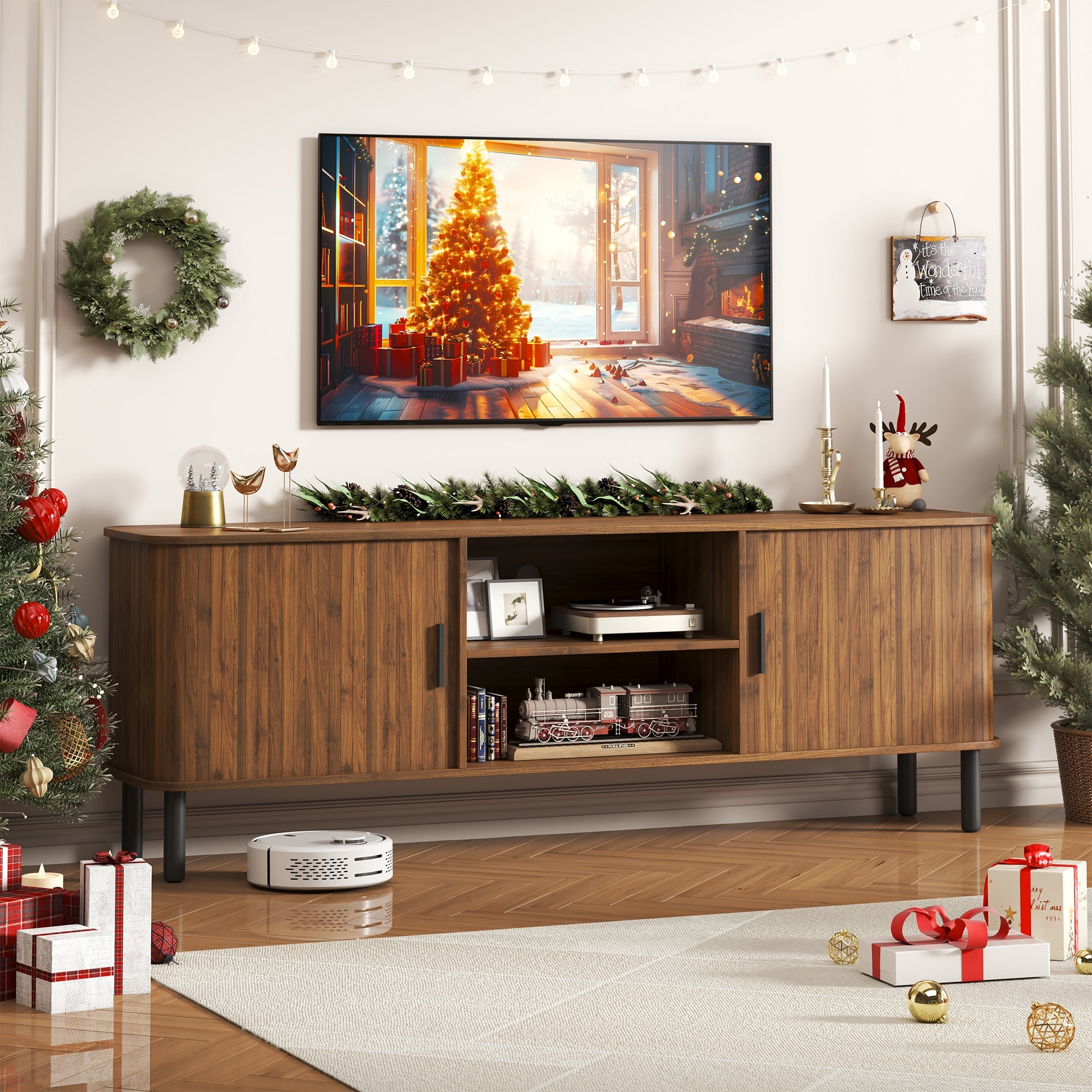 EROMMY 70" Modern TV Stand for 80 Inch TVs, Media Console with Sliding Doors and Storage Shelves