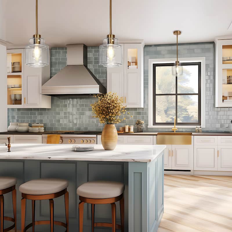 Cavitt Modern Mini 1-Light Clear Glass Drum Pendant Abstract Brass Gold Adjustable Kitchen Island Lighting