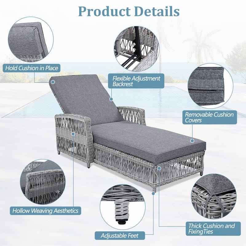 Outdoor Wicker Chaise Lounge with Armrests