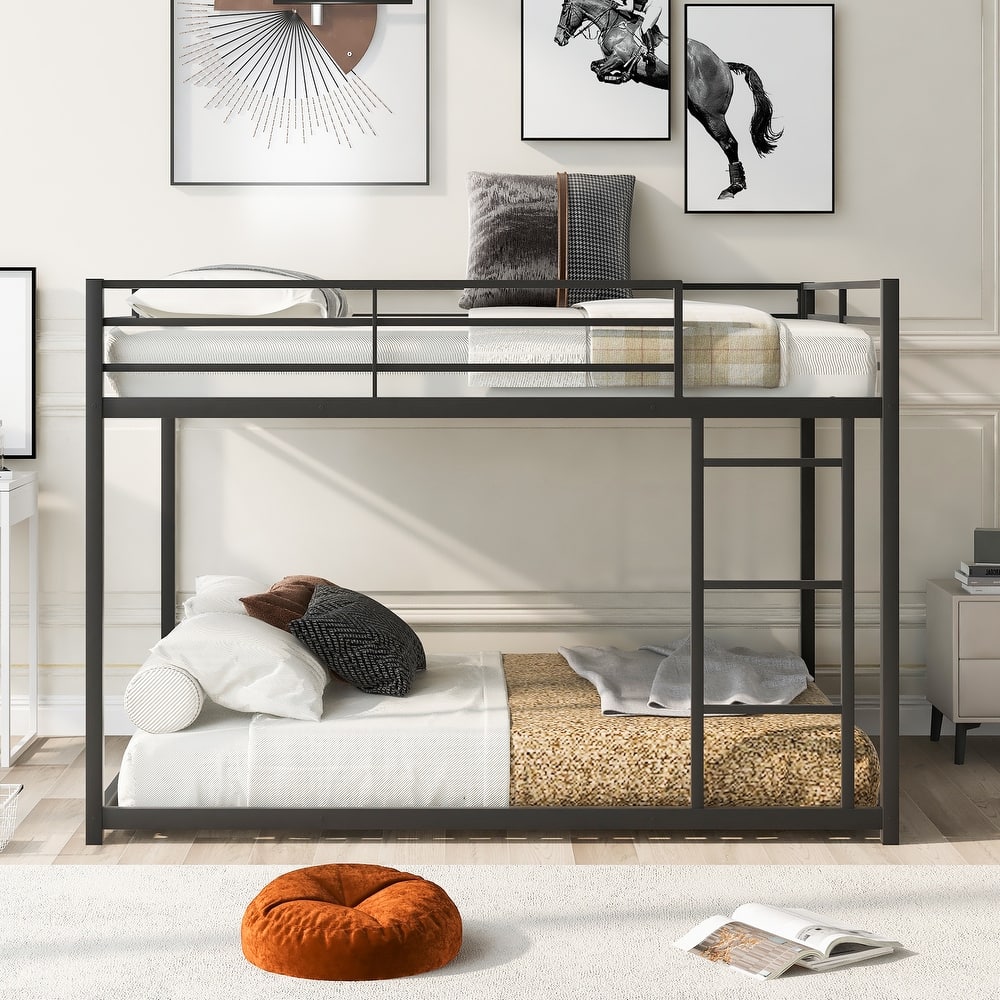 Twin/Full Size Metal Low Bunk Bed, Heavy Duty Steel Bunk Bed Frame with Built In Ladder and Guardrail