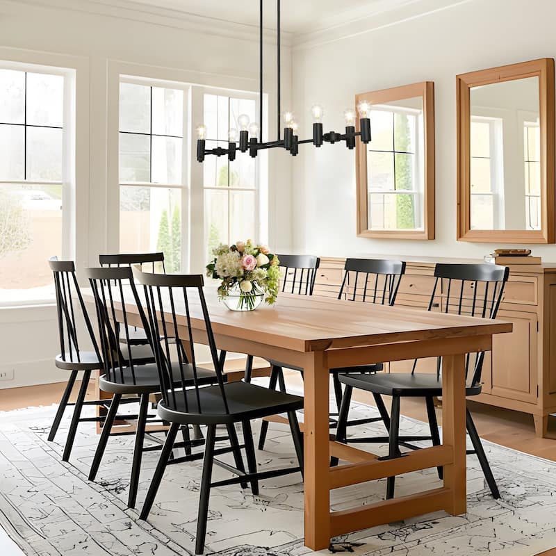 Regan Oversized Modern Farmhouse Black 10-Light Exposed Bulb Linear Dining Room Chandelier - 49.2"W x 13.3"D x 17.9" - 67.9"H