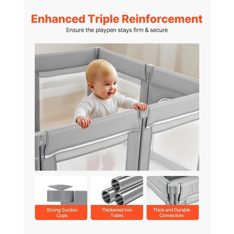 Foldable Grey Baby Fence with Mesh Walls Modular Playpen Design for Indoor and Outdoor Use - 50" x 50" x 27.36"