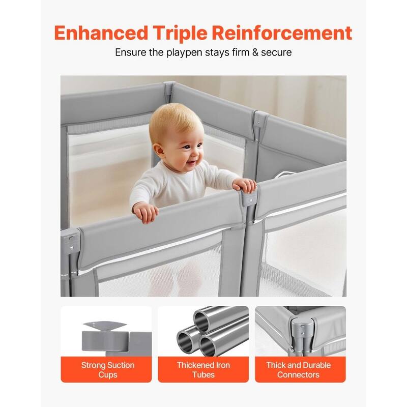Portable Grey Baby Playpen with Breathable Mesh and Iron Tubes Safe and Stable Toddler Fence - 81.5” x 72.83” x 27.36”