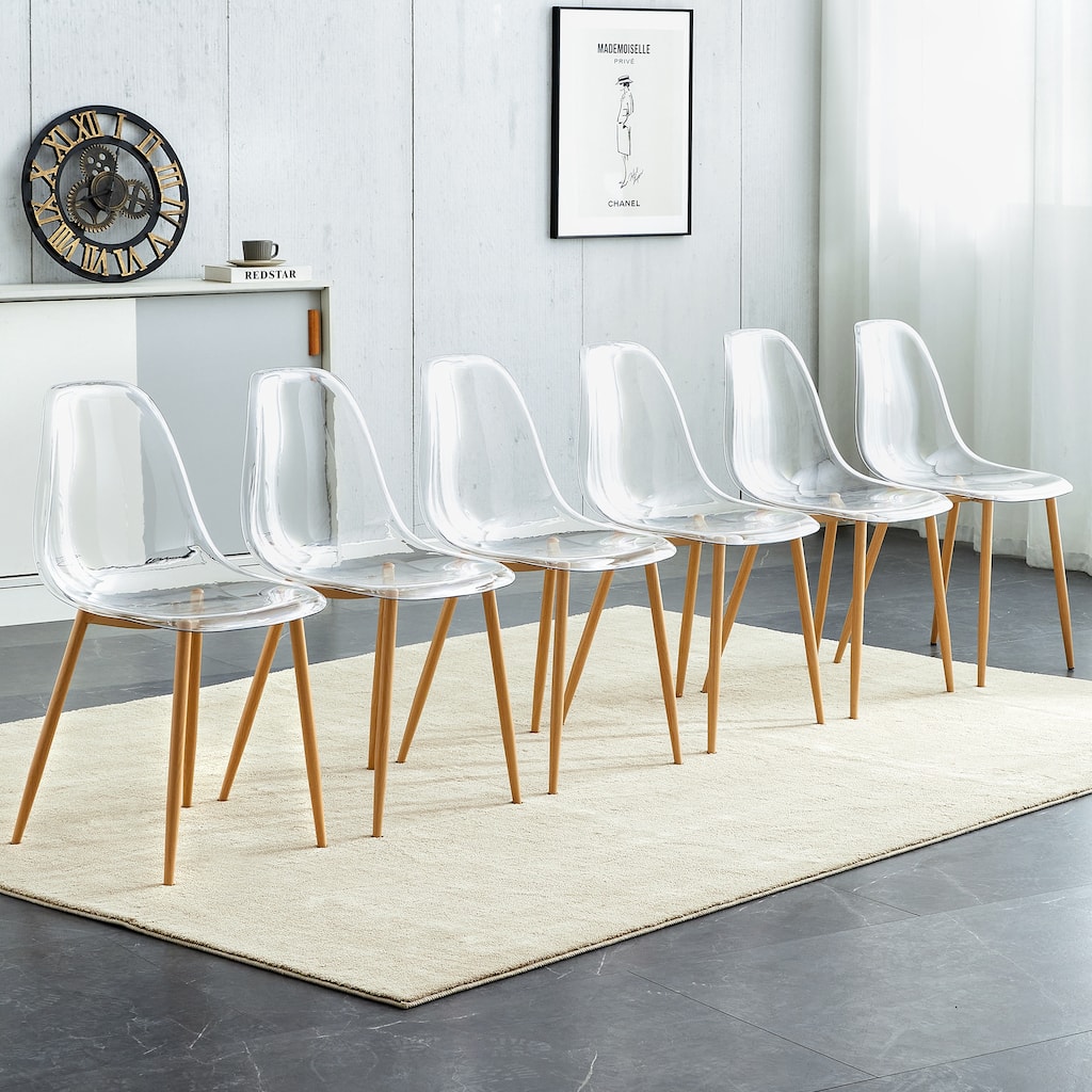 Modern minimalist armless crystal dining chair, plastic chair set of 6 with metal legs