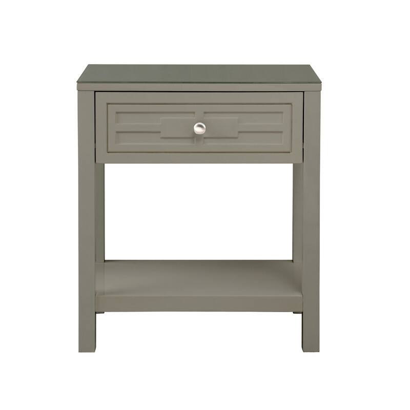 End Side Table Nightstand with Glass Top and Drawer