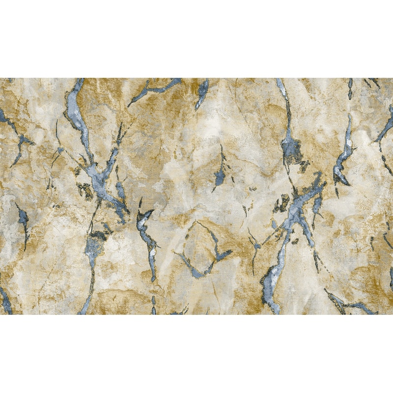 Galerie Wallcoverings Italian Design Collection Marmo Marble Effect Vinyl on Non-woven Metallic Wallpaper Roll Double Width - 33-feet long x 42-inches wide - Blue/Gold